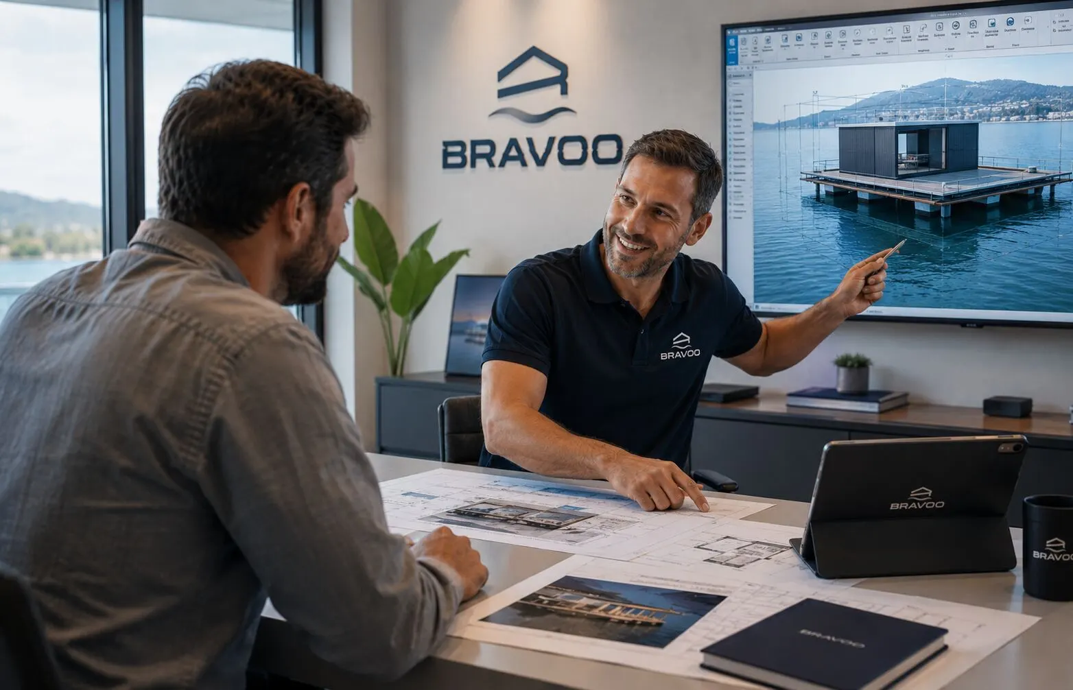 Especialista BRAVOO conversando com cliente sobre projeto flutuante